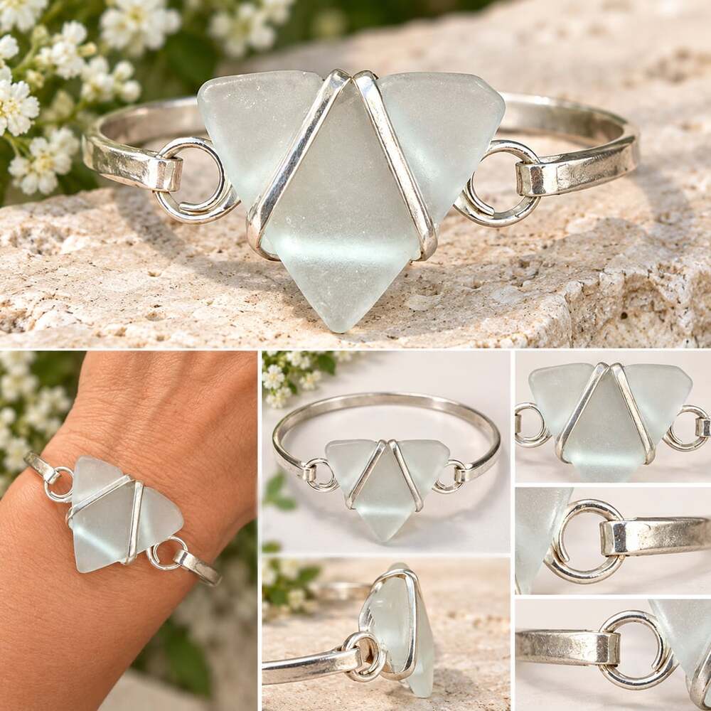 Handmade Sea Glass Bangle Bracelet Silver Plated Beach Jewelry
